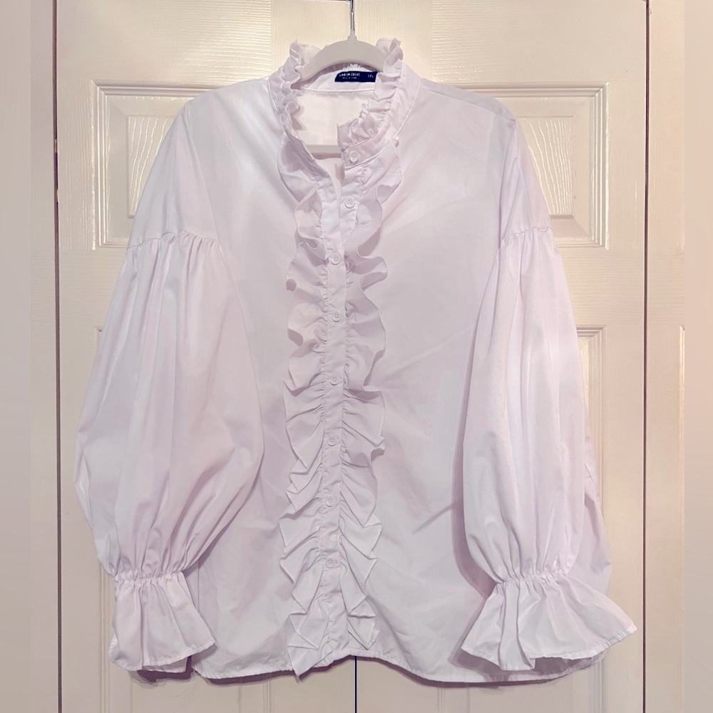 SHEIN white long sleeve button down shirt with ruffle details. Size 3X